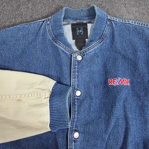 VTG ID Wear REMAX Denim Bomber Jacket‎ Tan Sleeves Men Med Casual Streetwear Y2K